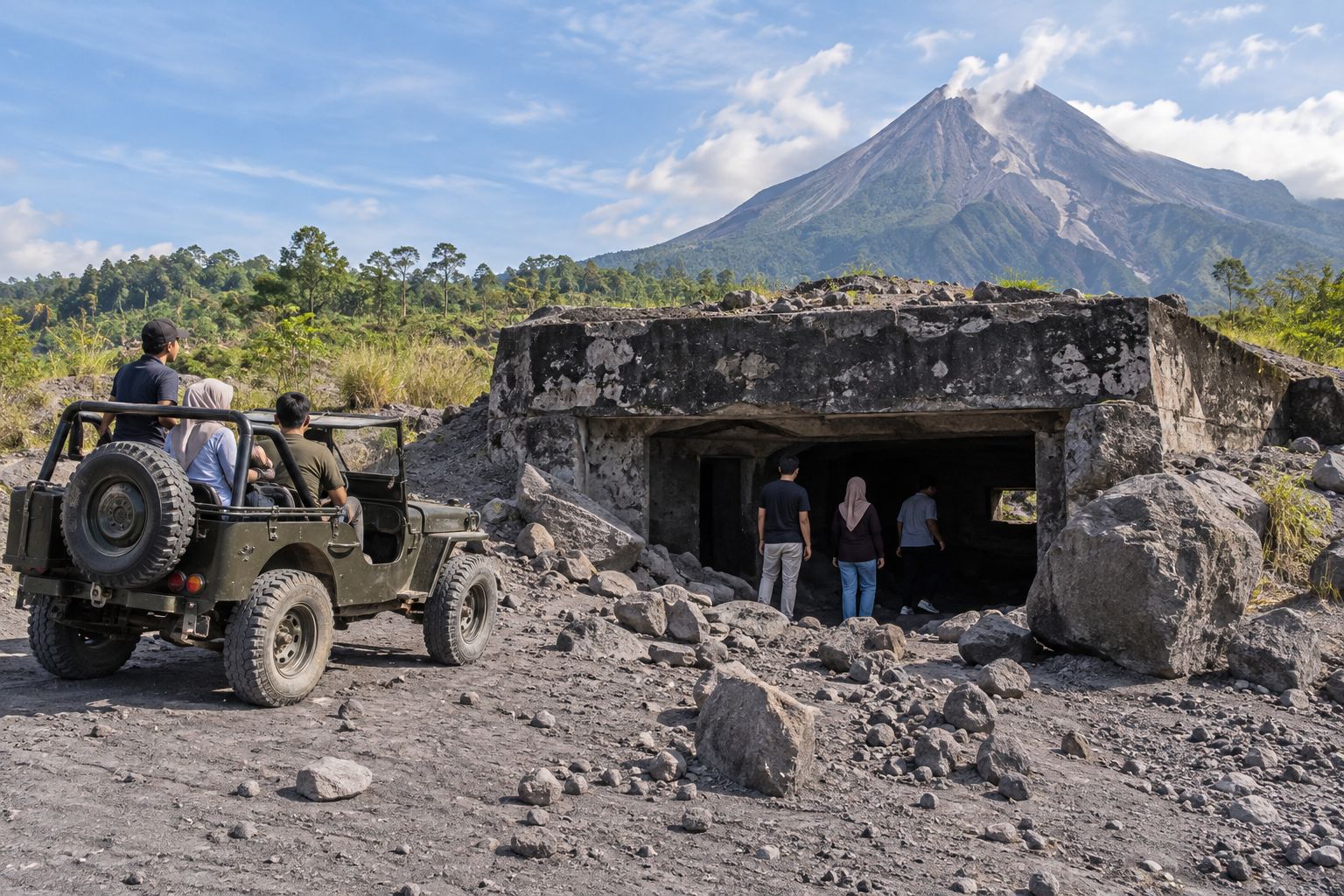 Ilustrasi bunker beton yang sebagian tertimbun material vulkanik di lereng Merapi
