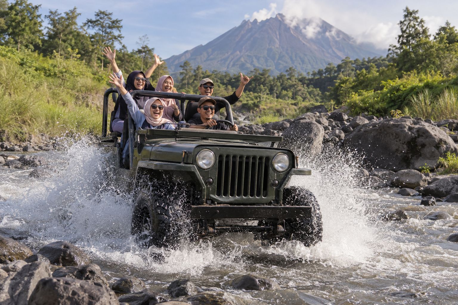 Ilustrasi Jeep melintasi aliran sungai berbatu di Kali Kuning