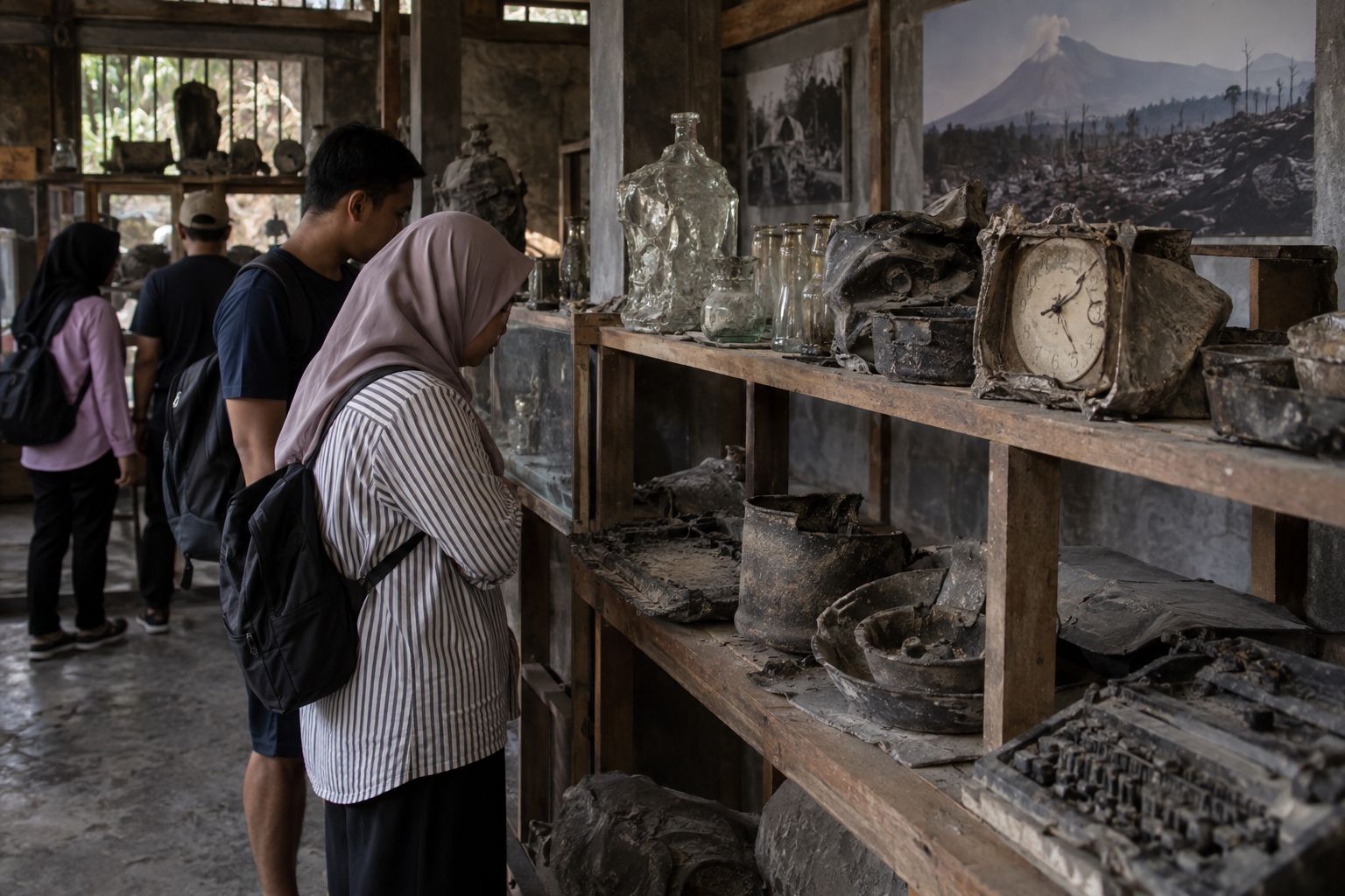 Ilustrasi rak berisi perabot rumah tangga rusak akibat erupsi di dalam museum
