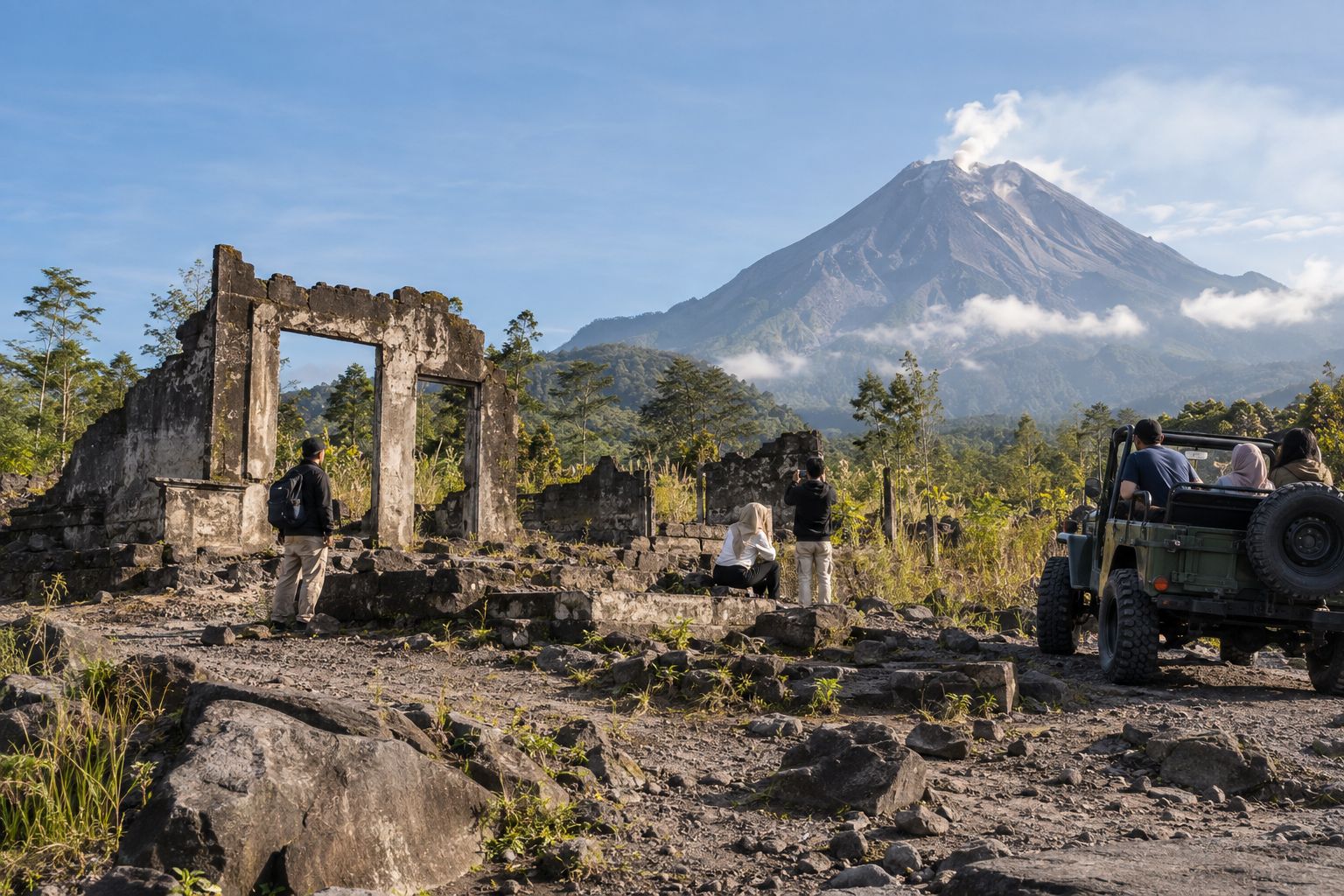 Ilustrasi sisa reruntuhan rumah di lereng Merapi dengan latar puncak gunung