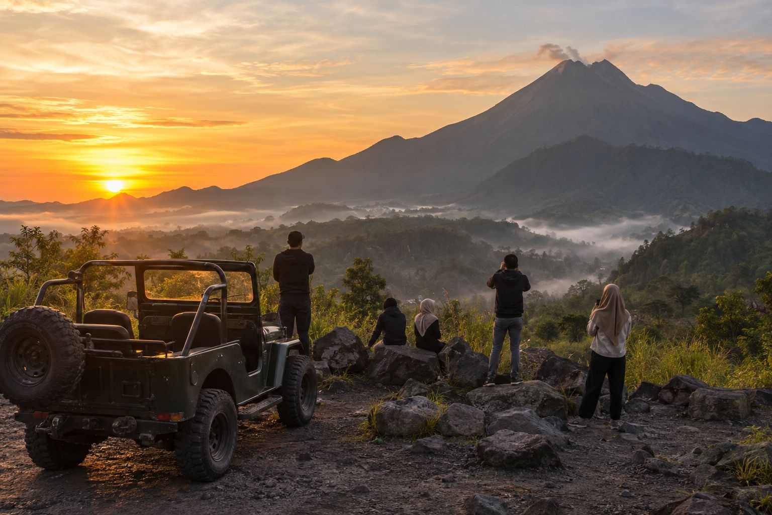 Ilustrasi matahari terbit di lereng Gunung Merapi